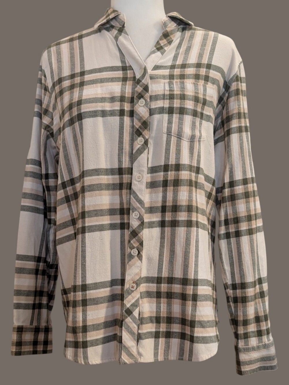 EUC Weatherproof Women's Plaid Button-Down Shirt - Olive & Cream Size Small